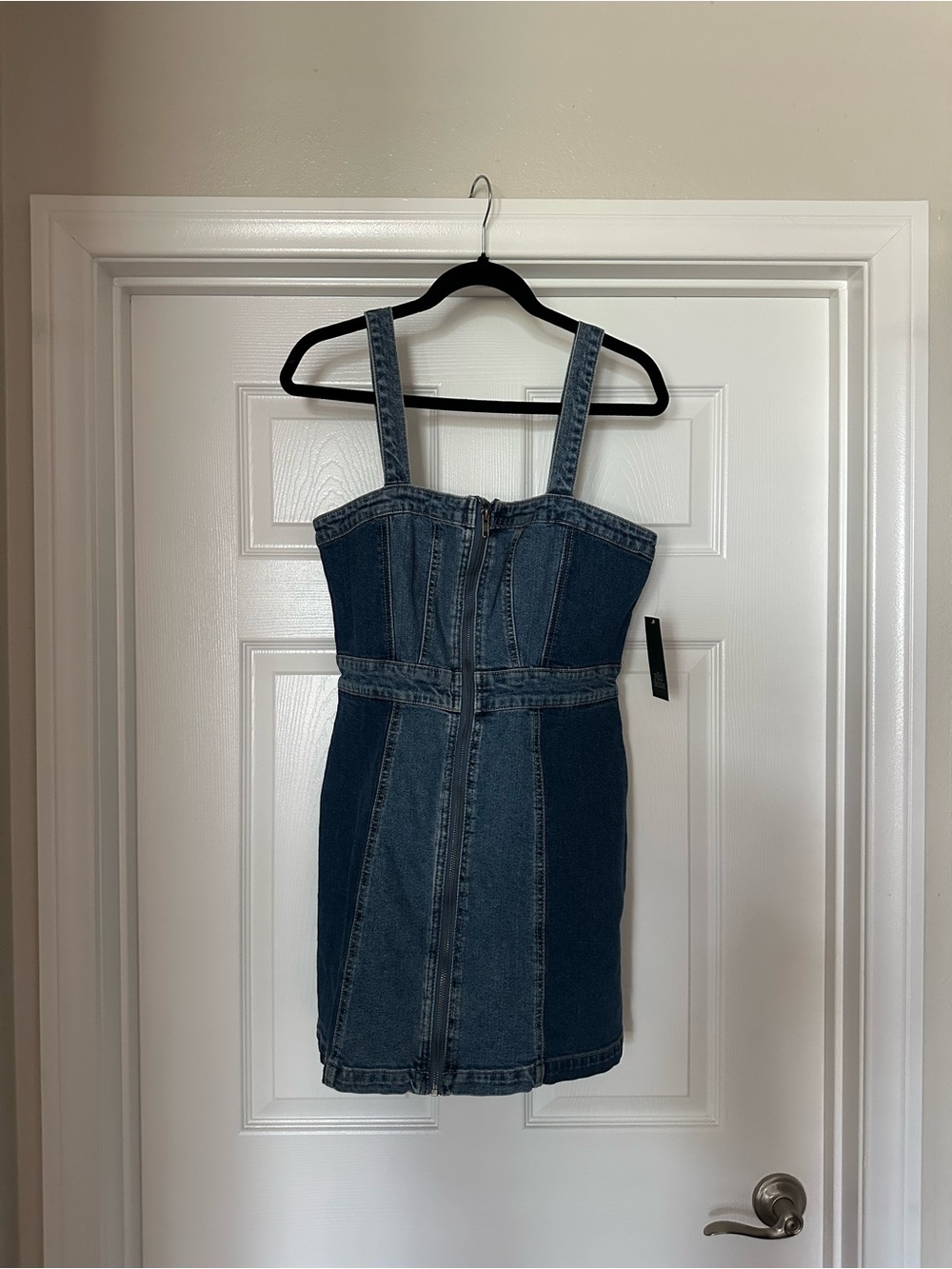 Denim Zip-Front Mini Dress in Dark & Medium Blue